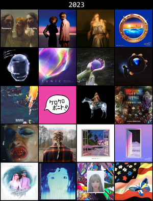 Grid of album covers of my most listened to albums of 2023